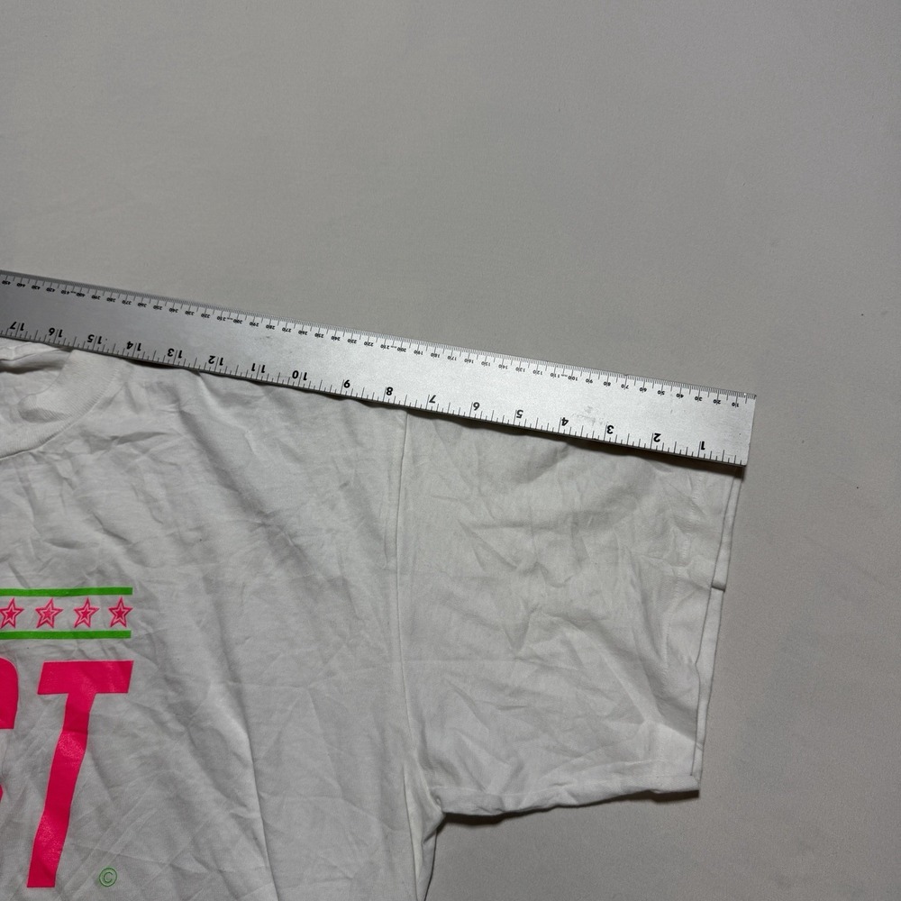 Vintage 90s Oneita JUST Neon Parody Graphic Tee XL White Pink Green Stars - Picture 5 of 10